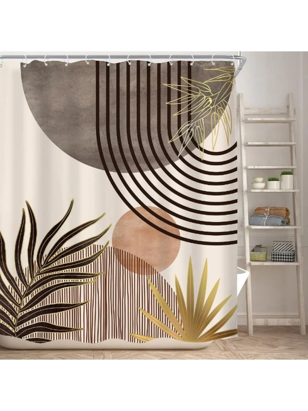 Mid Century Boho Abstract Gray & Brown Shower Curtain Set for Modern Bathrooms